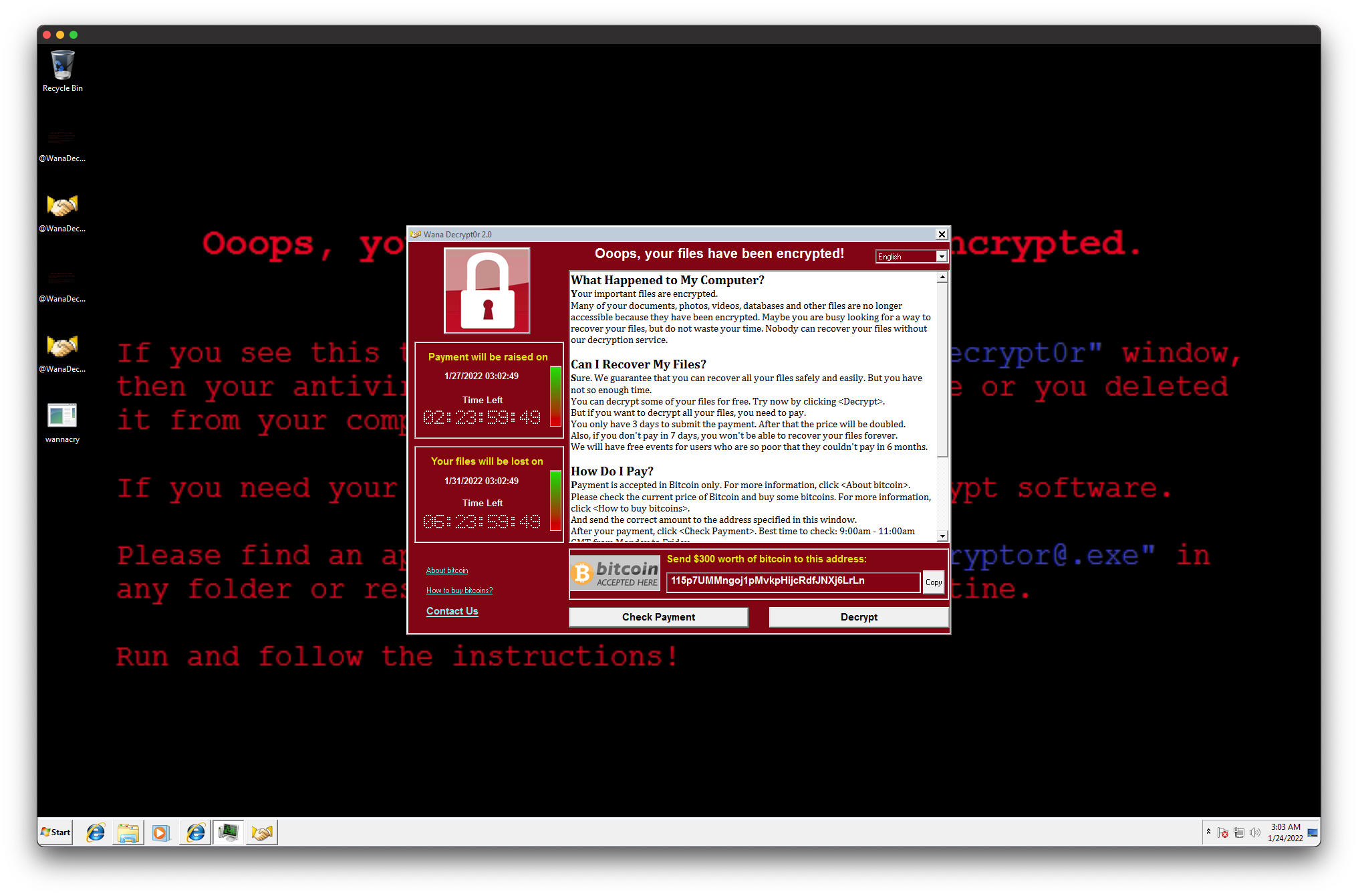 Screenshot of my Windows after execution of WannaCry