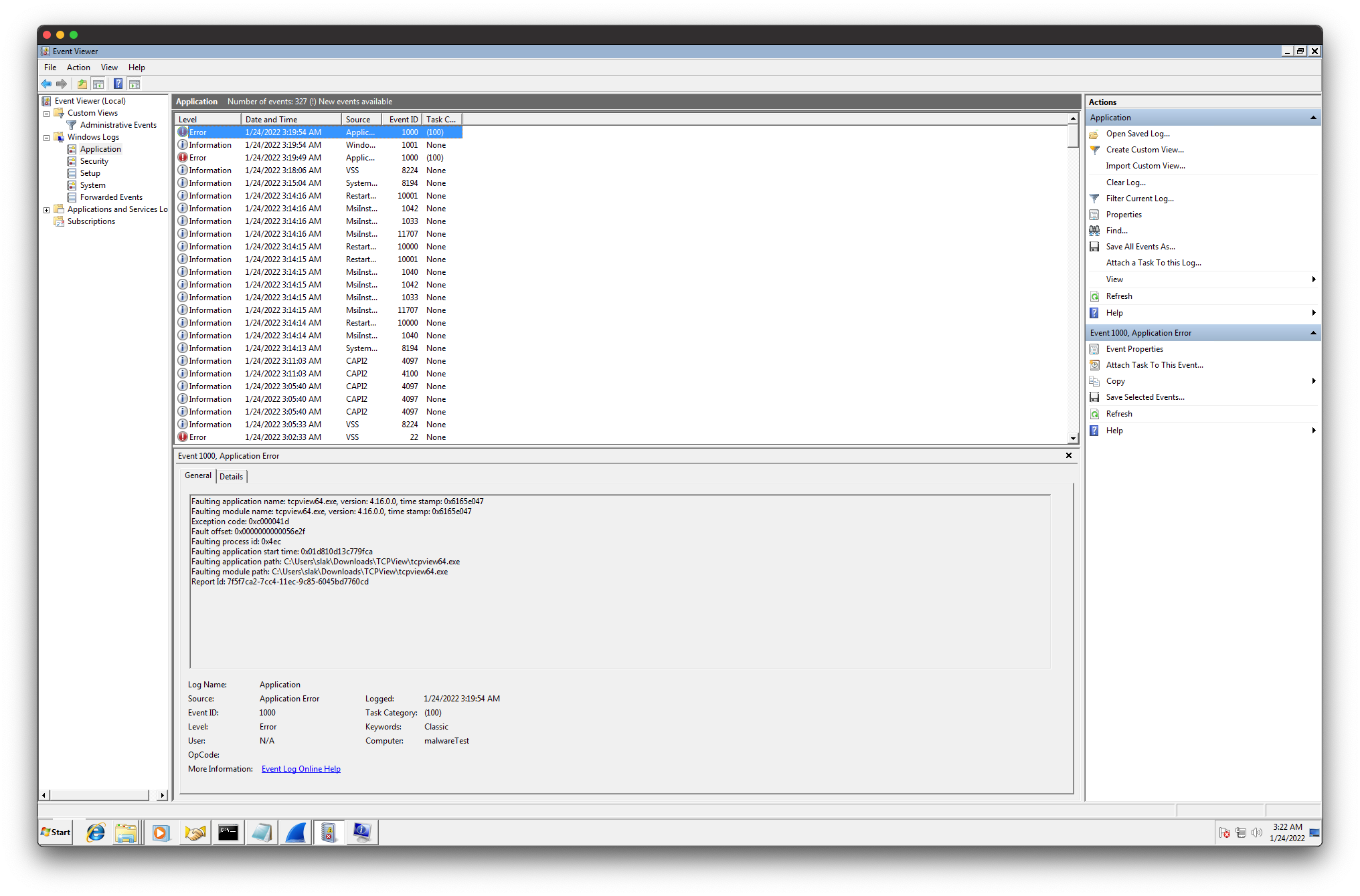 Screenshot of Wireshark and TCPview failure