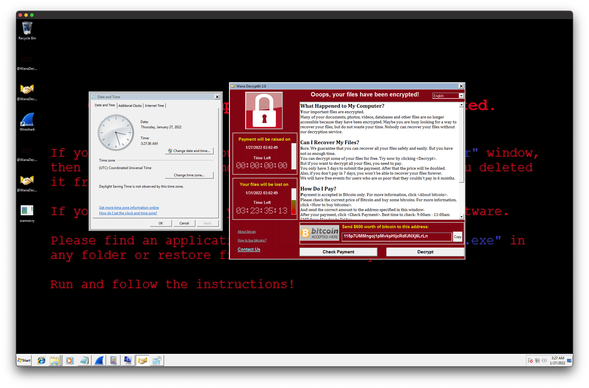 Screenshot of changing the system time and WannaCry