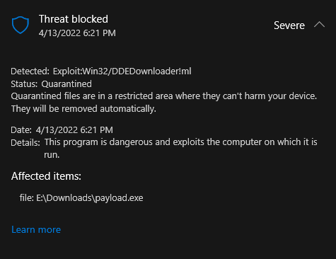 Defender on Windows 10 detecting payload.exe