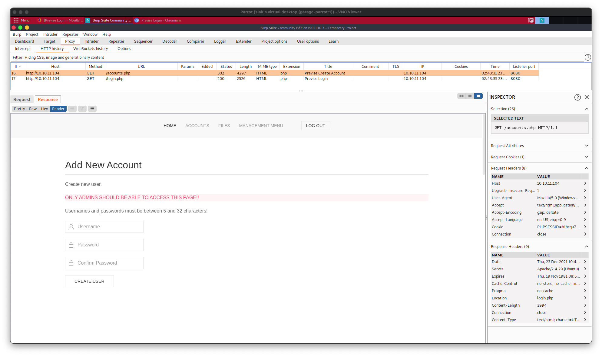 Screenshot of accounts.php intercept in Burp Suite